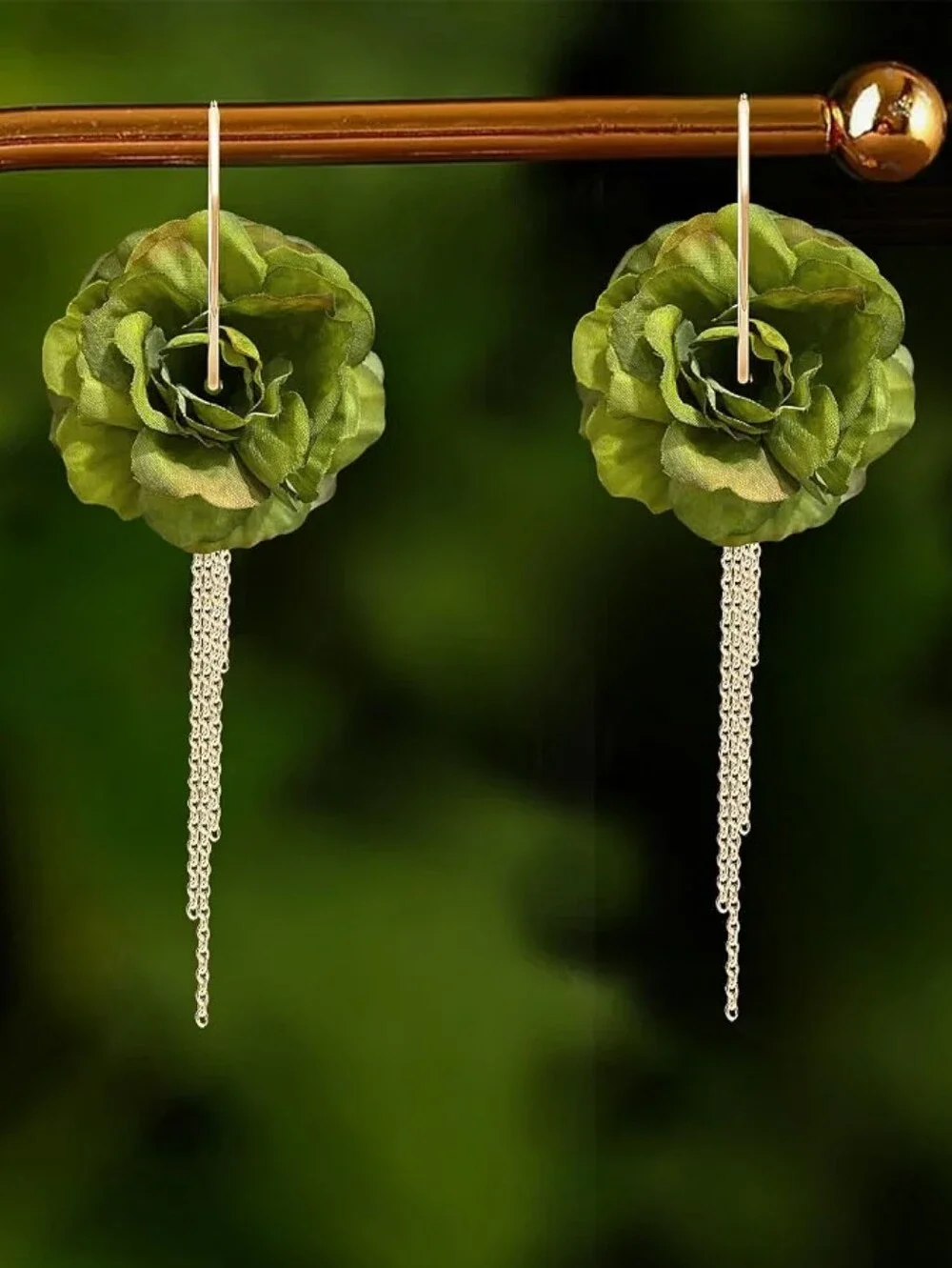 Fabric Flower Gold Metal Tassel  Earrings Floral Fringe Dangle Drop